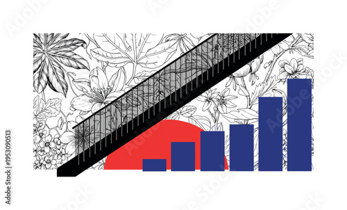 Black and white staircase silhouette rising along wall covered in oversized botanical wallpaper pattern, bright red semicircle low in composition like dramatic