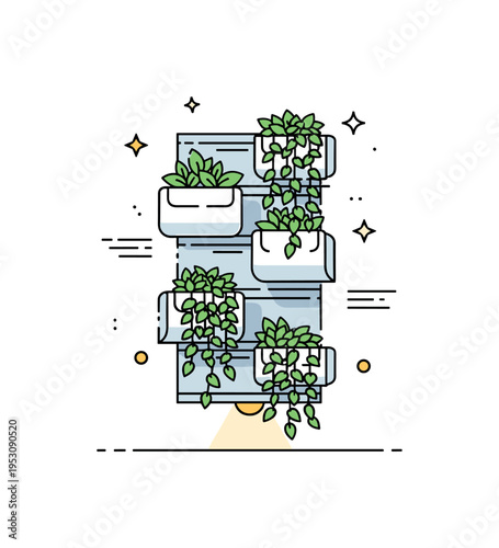 Vertical indoor garden wall illustrated by stacked plant modules with cascading leaves and a subtle light source, symbolizing modern compact greenery