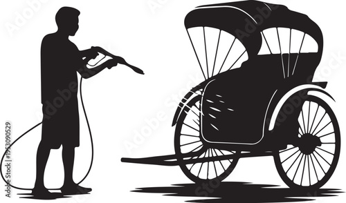 Man washing rickshaw with hose person carriage