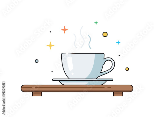 White porcelain cup on a wooden table with sunlight glinting on the rim, steam rising gently, conveying early morning calm and quiet reflection. Minimalist