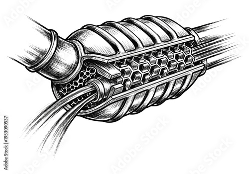 Detailed illustration of a catalytic converter's internal honeycomb structure and exhaust flow