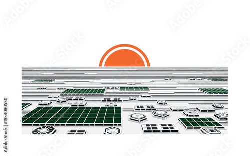 Black and white massive planet surface with geometric colony structures in foreground, bright orange semicircle rising over horizon, dark green rectangular