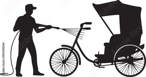Man washing rickshaw with hose cleaning