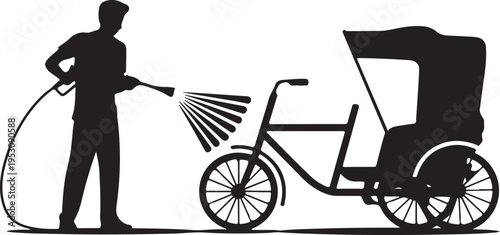 Man washing rickshaw with hose person tricycle taxi