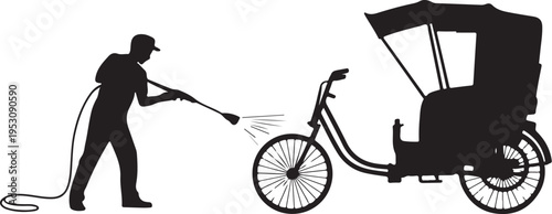 Man washing rickshaw with pressure hose pressure washer