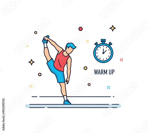Athlete stretch before workout featuring a focused figure performing a standing hamstring stretch on a clean gym floor. A subtle stopwatch icon and small ?Warm