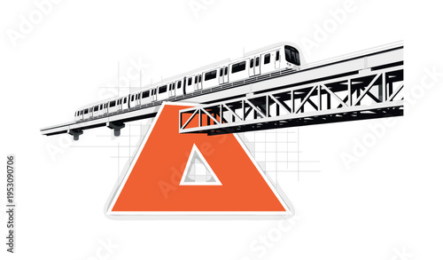 Black and white elevated train crossing simplified geometric bridge, oversized orange triangle beneath forming structural base, thin grid lines referencing