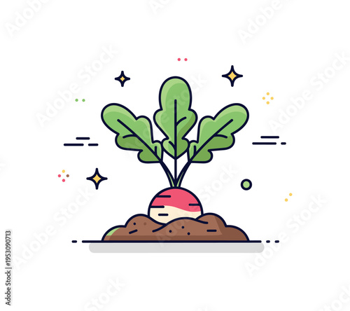 Garden grown radish small soil mound with a radish partially visible above ground and green leaves spreading outward. A friendly editorial badge about home