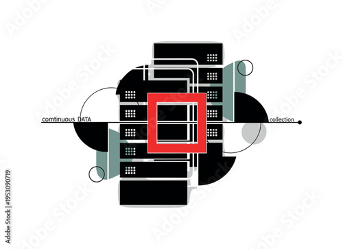 Black and white server stack silhouette duplicated slightly offset to create layered depth, bright red square intersecting midsection for bold emphasis,