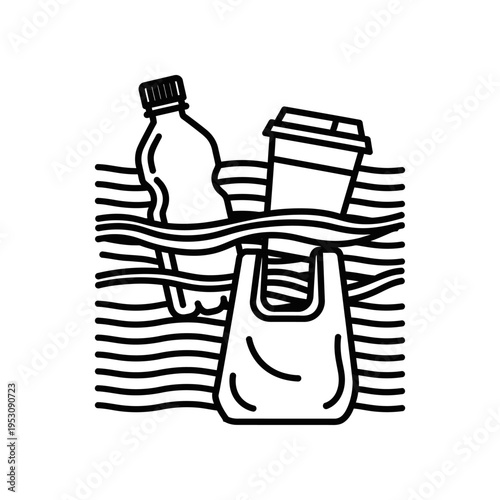 black and white line art of reusable bag with plastic bottle and coffee cup
