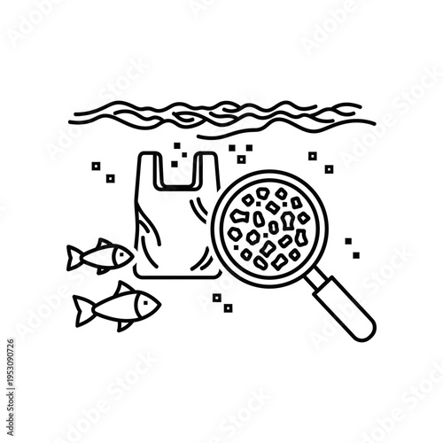 black and white line art of plastic bag pollution in ocean with fish and microbeads