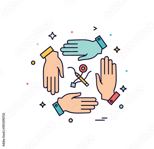 Hands united in creativity symbol illustrated by several overlapping hands forming a circle around a small craft object, representing unity and collaborative