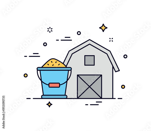Livestock feeding routine illustrated through a feed bucket placed beside a simple barn silhouette, with tiny motion lines suggesting daily farm activity and