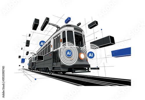 A monochrome tram viewed from a dynamic angle, surrounded by concentric circular shapes symbolizing AI navigation, abstract rectangular blocks and thin grid