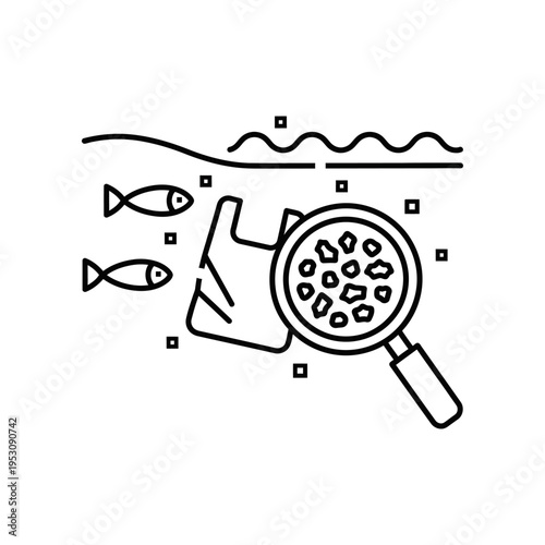 black and white line art icon of magnifying glass over seafood