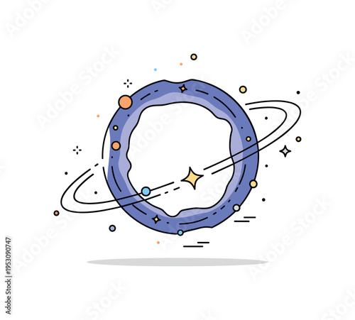 Planetary nebula ring illustrated as a circular glowing gas halo surrounding a small bright star, symbolizing the life cycle of celestial bodies. The balanced