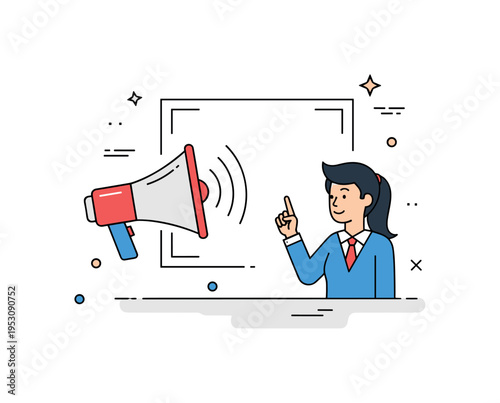 Director calling action scene depicted through a megaphone with subtle sound wave accents beside a framed shot outline, symbolizing vision, instruction, and