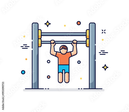 Pull up bar fitness scene sturdy horizontal bar mounted between two vertical supports with a simplified athlete silhouette gripping it, expressing strength and
