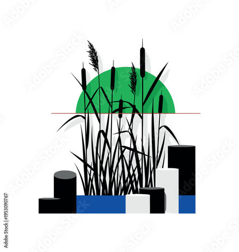 Black and white reed plants rising vertically, intersected by a bold green semicircle symbolizing protection zone, thin red line subtly crossing to represent