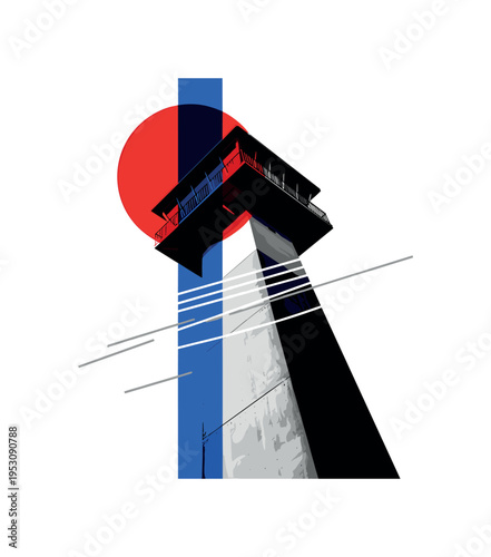 Black and white watchtower viewed from low angle for dramatic perspective, bold blue vertical stripe dividing composition, red circular accent overlapping the