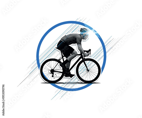 Monochrome cyclist in motion viewed from side profile, layered with blue circular frame and fine diagonal lines suggesting endurance and flow, radiant flash of