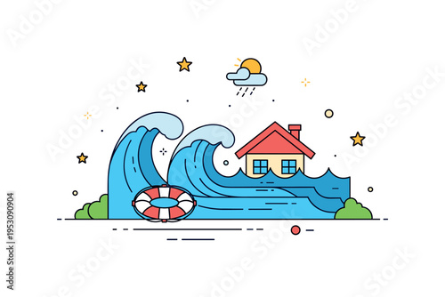 Flood emergency rising water waves partially covering a small house with a floating lifebuoy nearby. A clear editorial illustration about extreme weather and
