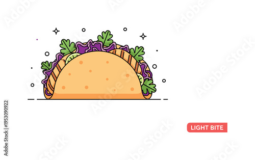 Healthy fish tacos with fresh vegetables illustrated by a taco filled with grilled fish, purple cabbage, and cilantro leaves, symbolizing balanced nutrition