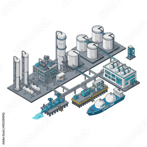 Industrial complex with storage tanks and transport ships.