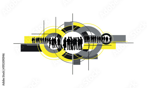 A monochrome crowd silhouette interacting beneath overlapping circular halos symbolizing shared experiences, thin horizontal and vertical lines structuring