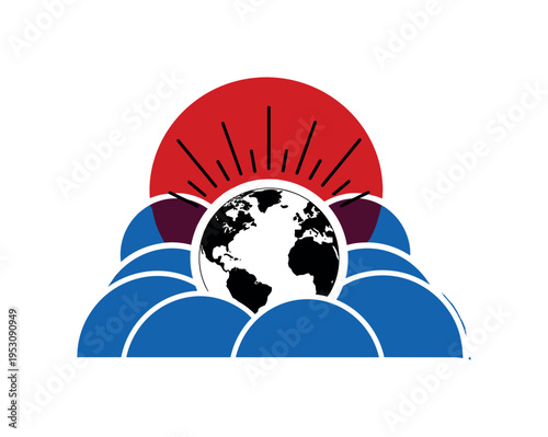 Black and white simplified globe centered in composition, bold deep red circle behind like overheated sun, cobalt blue semicircles layered tightly around the
