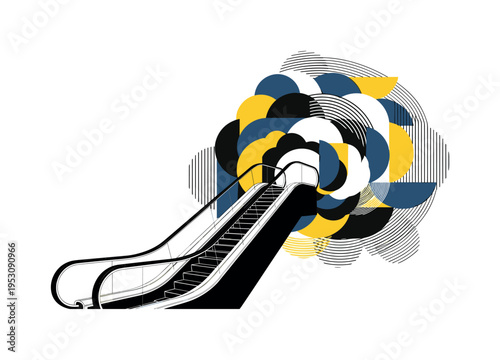 Black and white escalator moving upward into abstract geometric clouds, flat semicircles and lines representing career growth, balanced composition with strong