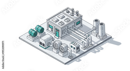 Industrial Facility with Pipes and Tanks Isometric View.
