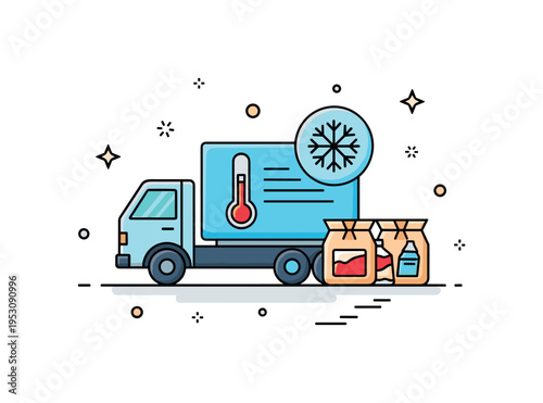 Cold chain logistics management represented by a refrigerated truck icon paired with a small snowflake symbol and packaged goods, expressing temperature