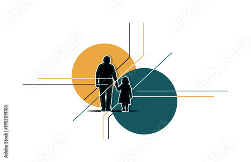 Black and white grandparent and child walking side by side, bold circular shapes positioned like rising and setting suns behind them, abstract linear pathways