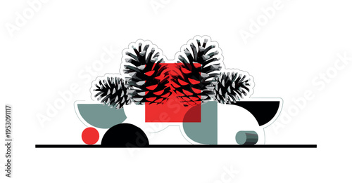 Black and white pine cone duplicated slightly offset to create layered depth, bright red square intersecting the midsection for bold contrast, abstract