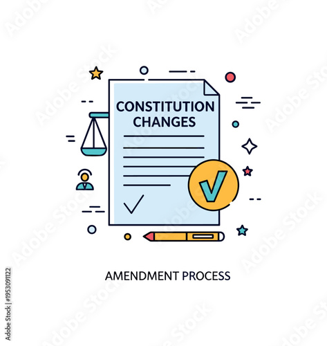 Constitutional changes concept centered on a formal document with a bold heading and a small amendment mark icon, symbolizing legal reform and structural