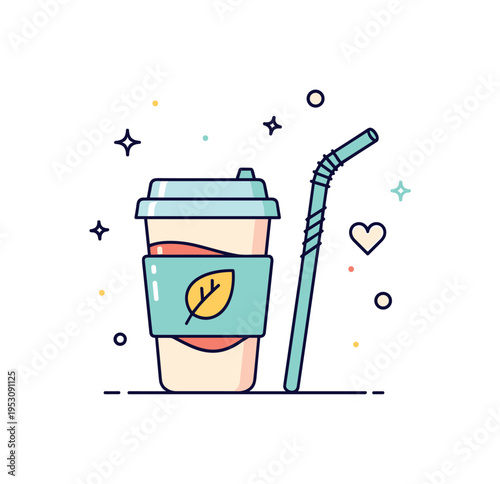 Sustainable coffee routine minimalist reusable cup with textured sleeve and curved straw placed beside a tiny heart shaped leaf accent. A friendly concept