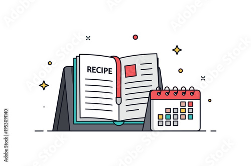 Meal planning concept with recipe stand featuring an open recipe page paired with a small calendar icon, symbolizing structured weekly cooking routines. The