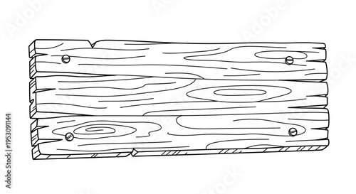 Detailed line art drawing of three rustic wooden planks fastened together, showing natural wood grain texture.