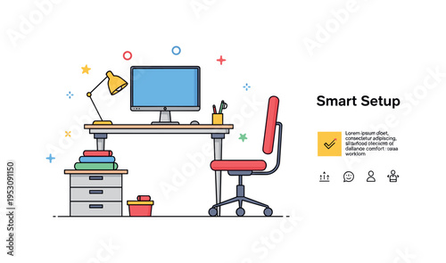 Workspace optimization concept centered on a monitor stand, adjustable chair and neatly arranged accessories. A compact ?Smart Setup? text detail highlights