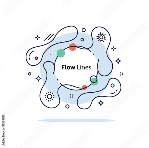 Abstract line doodle concept featuring continuous flowing curves forming organic shapes around a central circle. Small dot accents and a ?Flow Lines? text