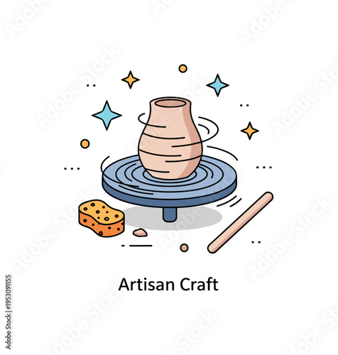 Workshop pottery concept showing a spinning clay form on a wheel with surrounding tools like a small sponge and shaping stick. Subtle star accents and a short