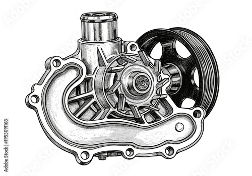 Detailed illustration of a car's water pump assembly with impeller and pulley