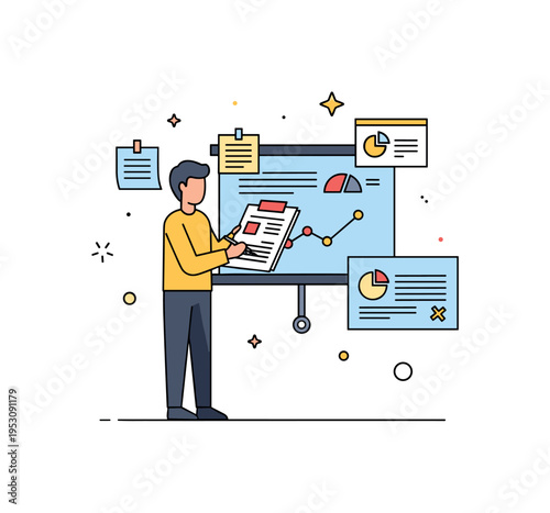 Person reviewing presentation slides with sticky notes and charts around, highlighting preparation, analysis, and professional efficiency. Minimalist flat