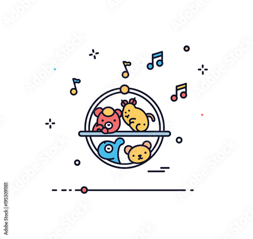Animal act musical cue illustrated by a simple hoop and tiny music notes floating nearby, symbolizing coordinated performance and upbeat tempo. The clean