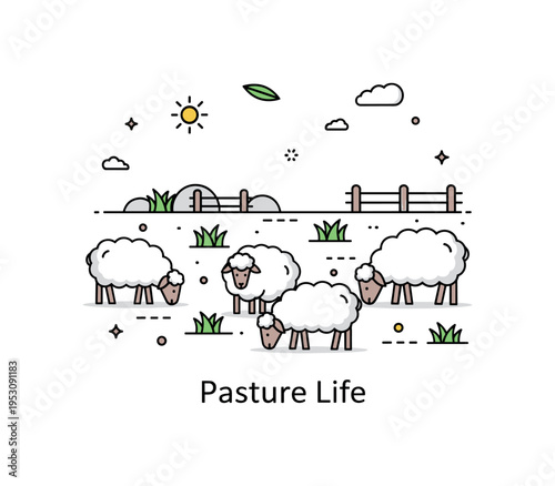 Sheep feeding in open pasture featuring scattered grass tufts and a simple fence line. Tiny sun icon and a ?Pasture Life? caption convey calm rural atmosphere