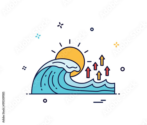 Ocean warming concept illustrated by a simplified wave beneath a glowing sun and small upward heat arrows, symbolizing rising sea temperatures. The clean
