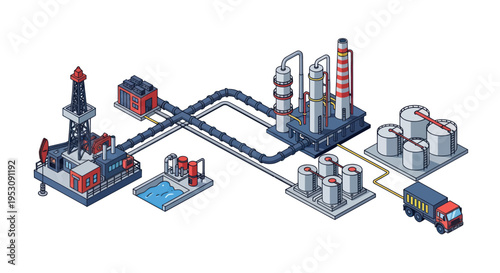 Industrial Oil and Gas Extraction and Refining Process Illustration.