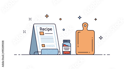 Minimal kitchen counter scene with recipe stand depicted by a compact stand next to a small spice jar and cutting board, expressing preparation and culinary