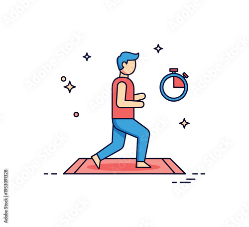 Indoor cardio routine featuring a figure jogging in place on a simple mat with a small timer icon nearby, expressing convenience and structured workout